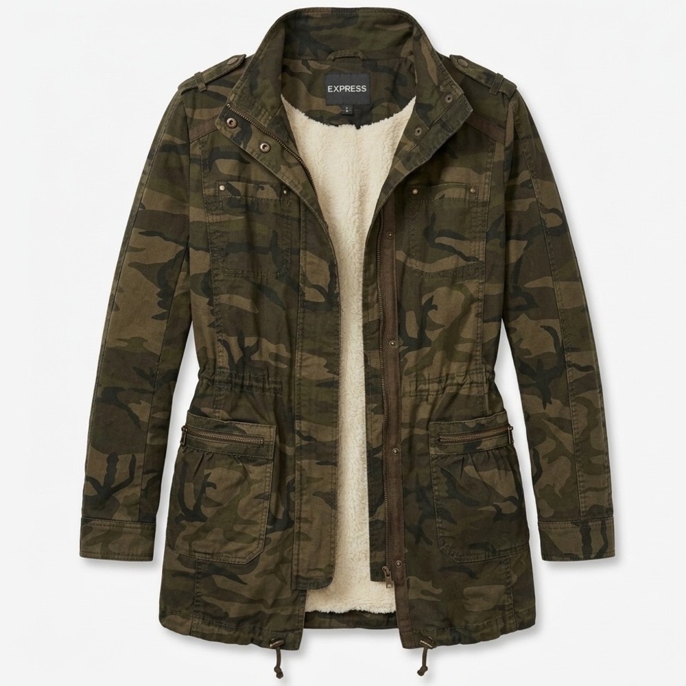 Express Womens S Camo Utility Jacket Removable Faux Fur Lining Military Parka